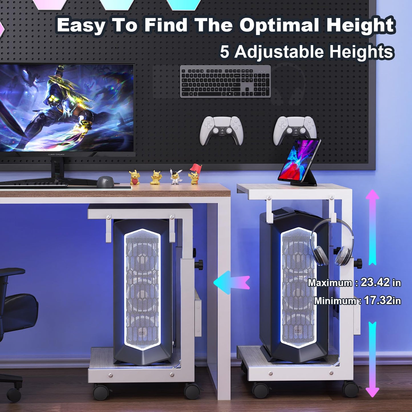 Hovadova Computer Tower Stand with Charge Station and USB Charging Port - Height Adjustable PC Tower Stand, Under Desk CPU Holder Cart with Locking Caster Wheels for Fits Most PC