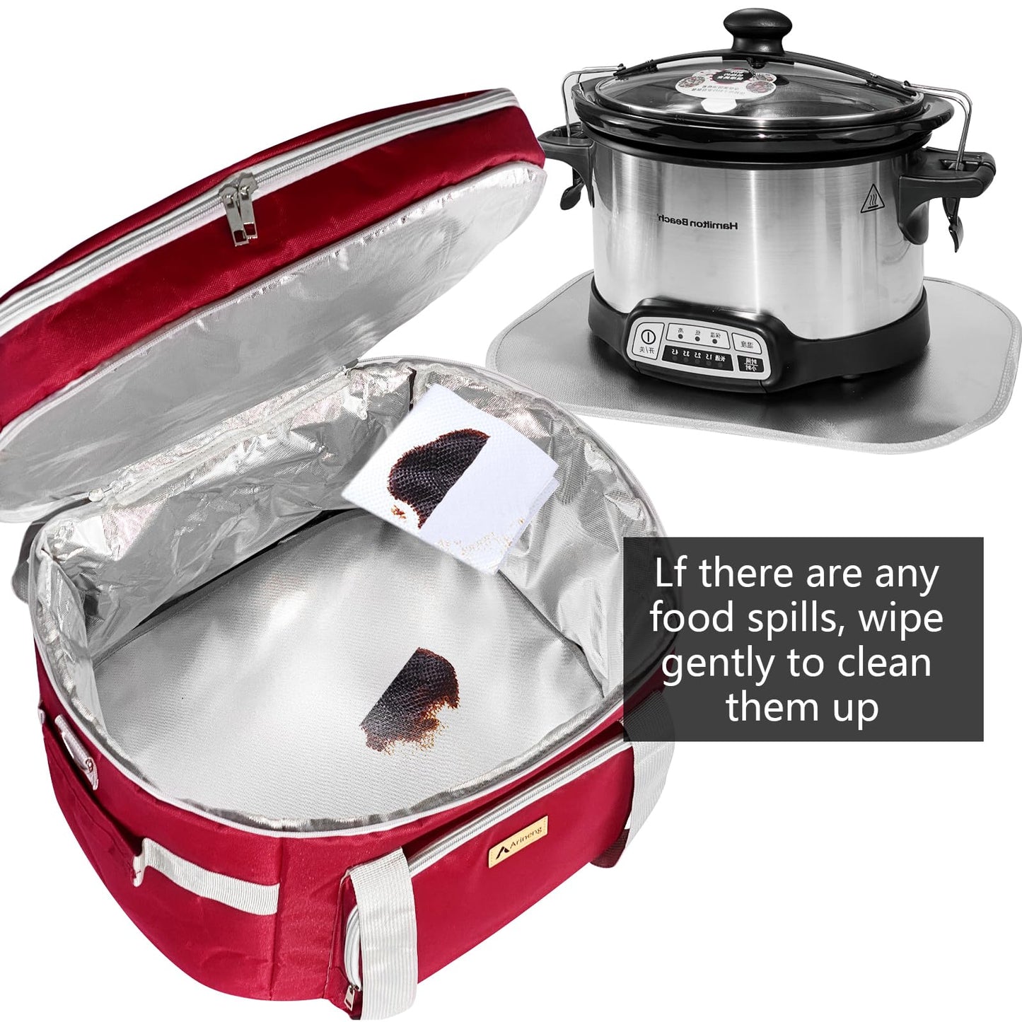 Arineng Crock Pot Bags carrying bag for 4-8 Quart Crock Pots - Insulated Travel Carrier with Fixators, Base Pad, and Shoulder Strap - Suitable for Small and Large Slow Cookers