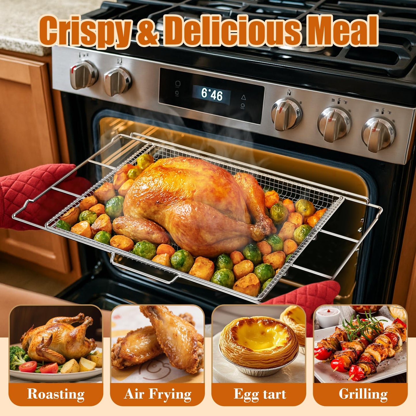 Air Fryer Tray for Frigidaire, Amana 30 inch Gas Range Oven, Air Fryer Basket Tray Set for Frigidaire Wall Ovens Ranges, Universal Stainless Steel Air Fryer Tray, Mesh Air Fryer Basket for Gas Grill