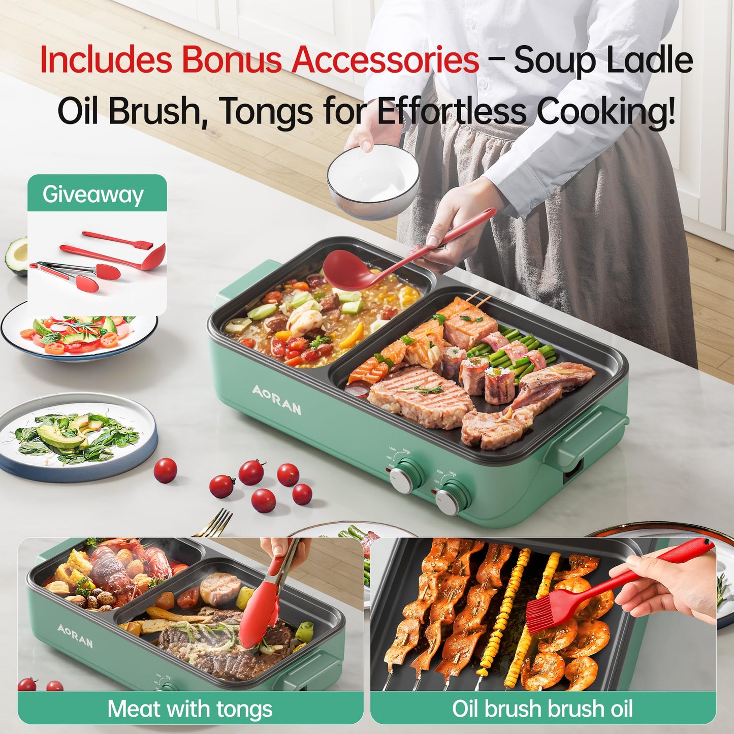 AORAN Electric Hot Pot with Grill, 2-in-1 Indoor Non-Stick Pot for Korean BBQ, Shabu Shabu & Noodles, Dual Temperature Control, Quick Heating with Bonus Accessories Green
