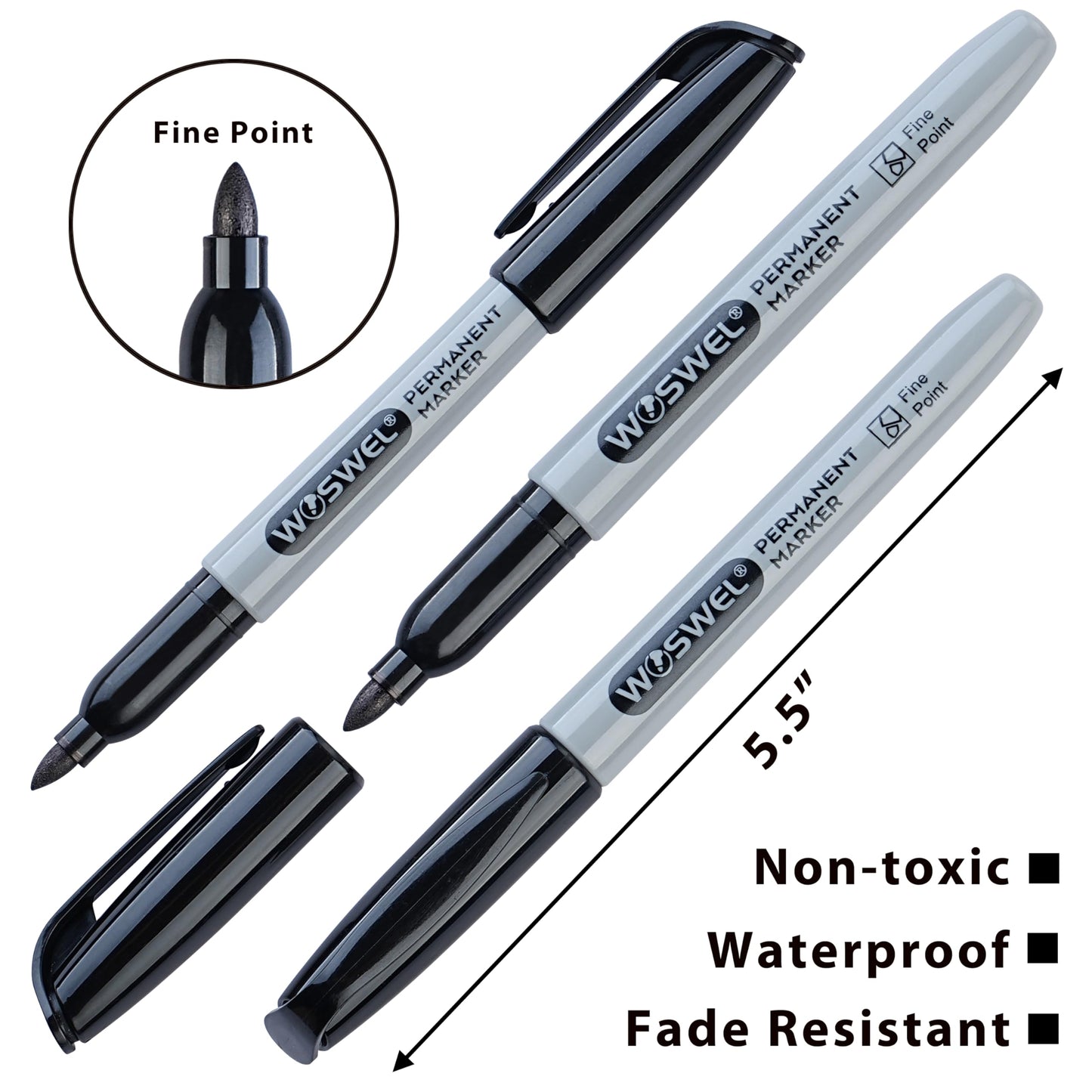 WOSWEL Permanent Markers Bulk, 288 Pack Fine Point Tip Black Permanent Marker Set, Waterproof Markers, Premium Smear Proof Pens, Quick Drying, Office Supplies for School, Office, Home