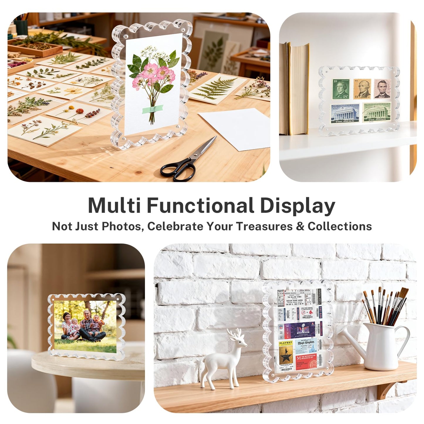 HOUSE DAY Acrylic Picture Frames 5x7 Acrylic Frame, 3 Pack Scalloped Magnetic 5x7 Picture Frame, Double Sided Clear 5 x 7 Photo Frame, Frameless FreeStanding 5 x 7 Picture Frames Gift for Desktop Display