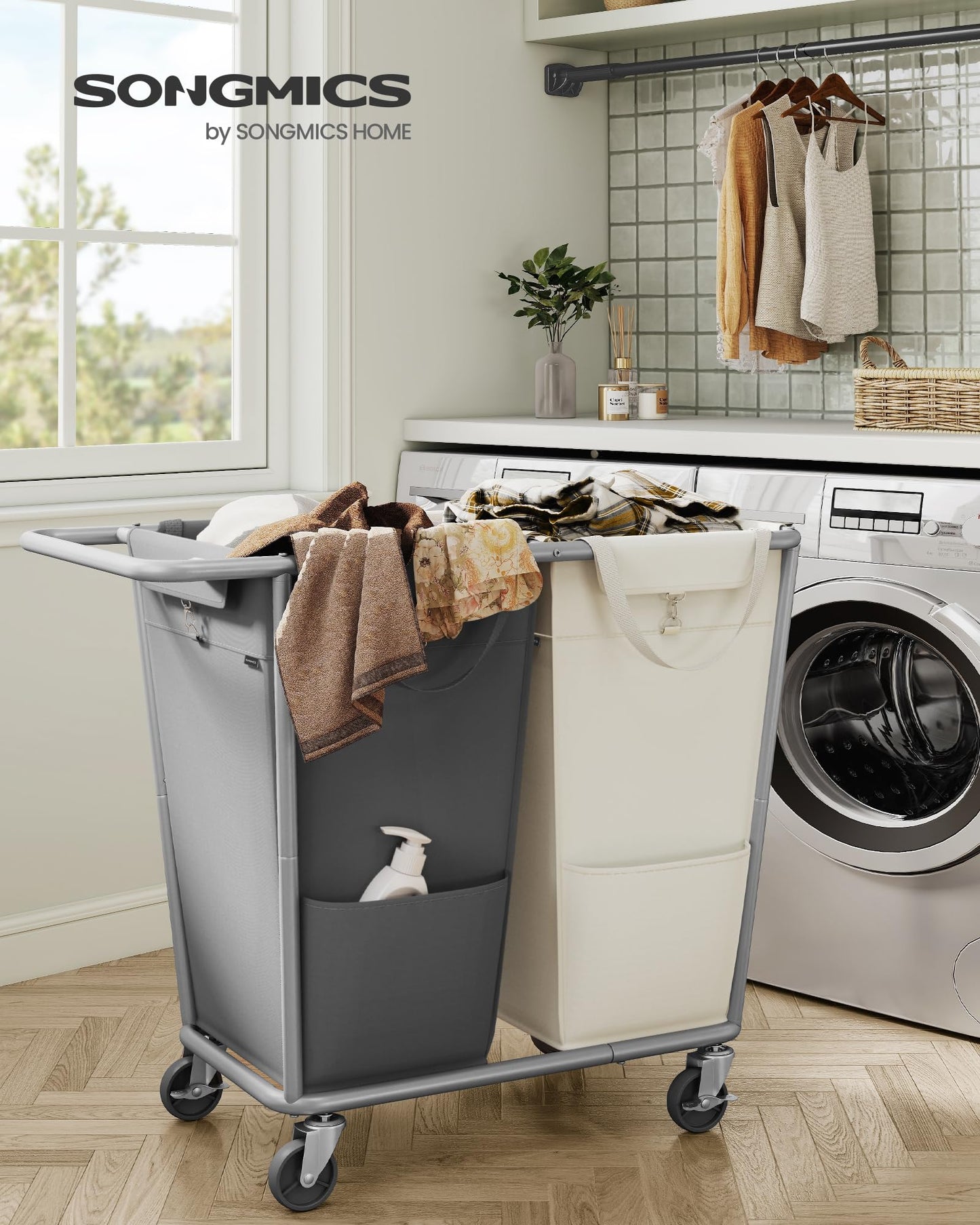 SONGMICS Laundry Basket with Wheels, 2-Section Laundry Sorter, 50.2 Gallons (190 L) Rolling Hamper with Removable Bags, Heavy-Duty Steel Frame, Cream White and Dark Gray URLS009X01
