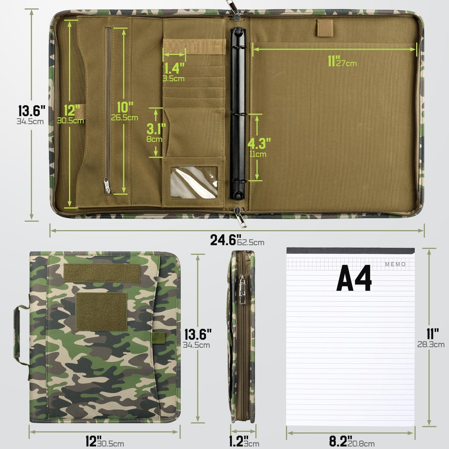Livans Portfolio Padfolio Binder Detachable 3-Ring Planner, Zip Tactical Notebook Cover with A4 Letter Paper, Multi-Pocket Carry Bag for Gift, Out-Work, Travels, Office & School