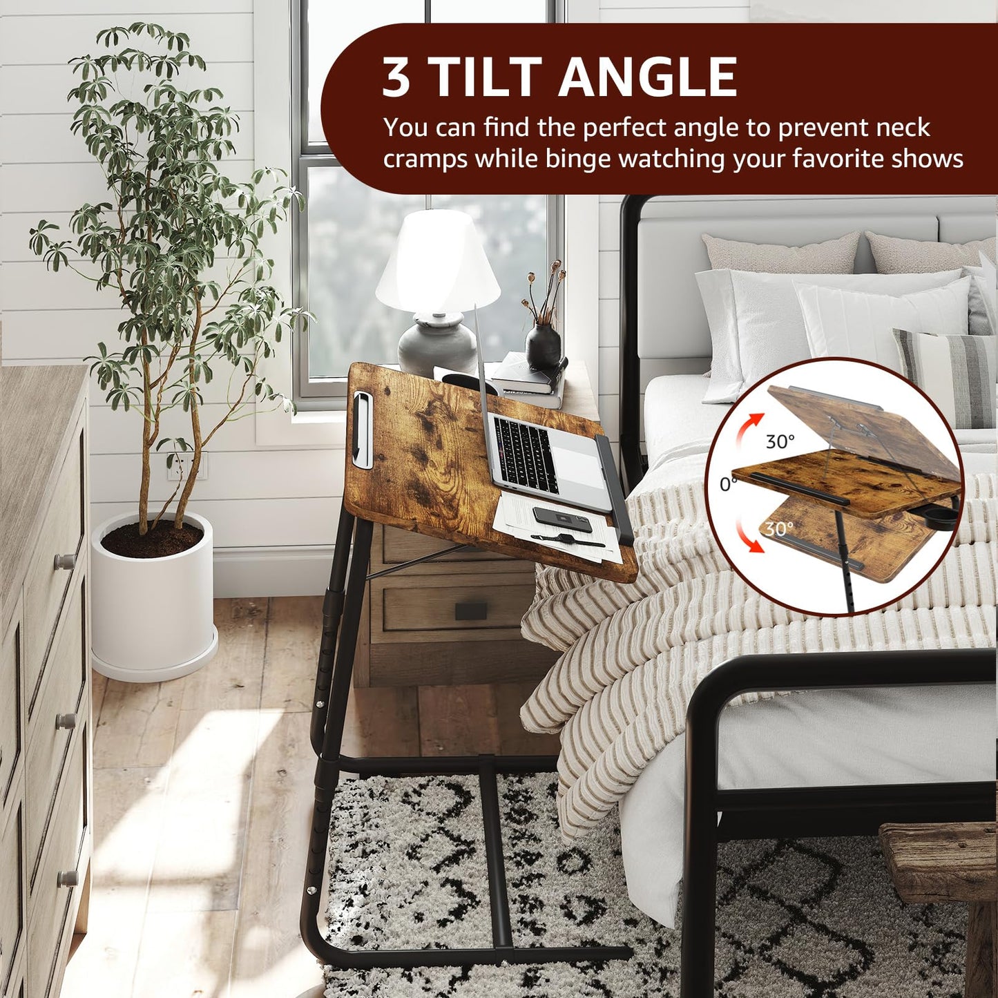 Folding TV Tray Adjustable Dinner - Trays for Eating On Couch Wooden Tables Mate Stand Foldable Desk with Cup Holder Portable