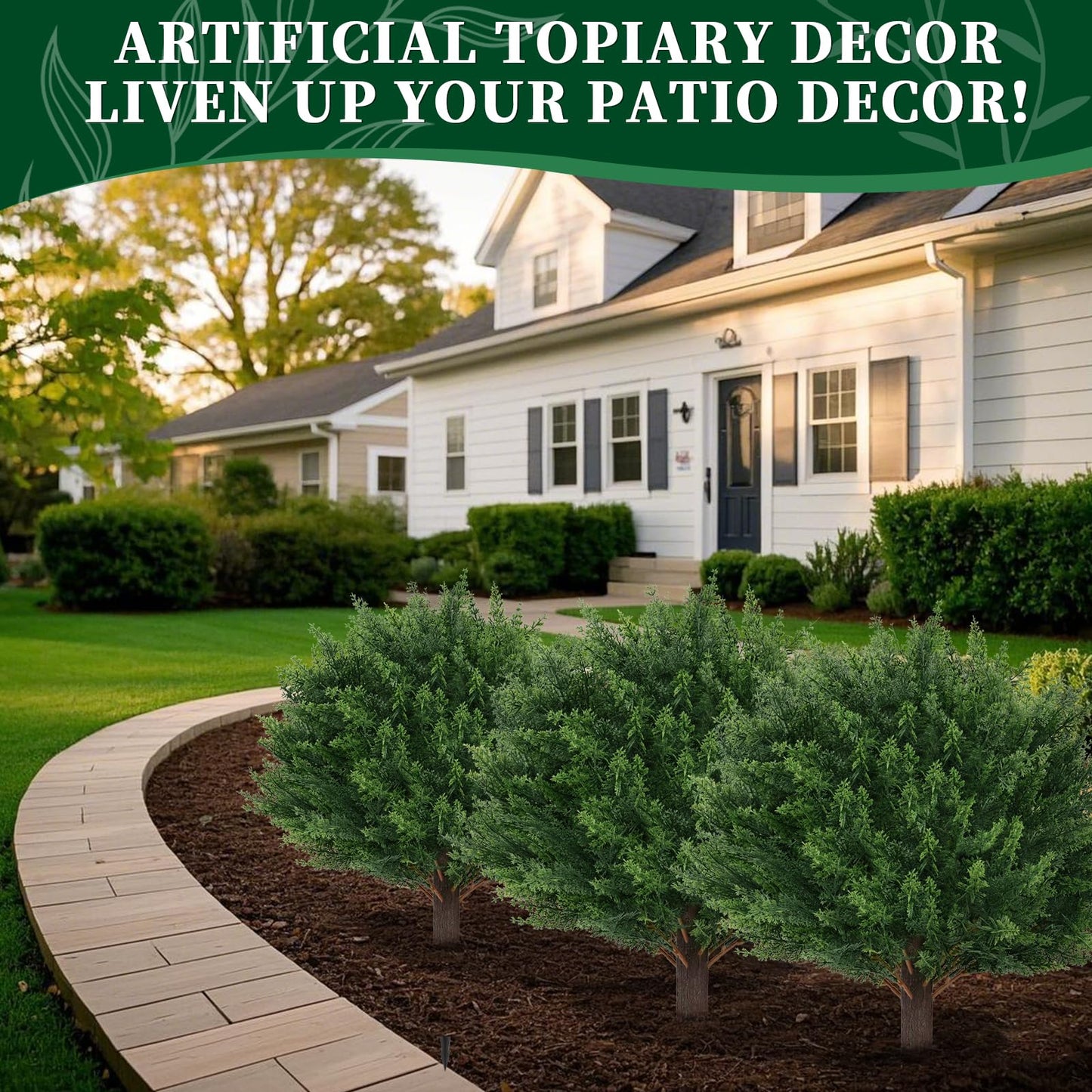 EverNature 2Pack Artificial Cedar Topiary Ball Trees, 16'' UV Resistant Fake Evergreen Shrubs Bushes Plants with Ground Spike Fake Plants for Outdoor Indoor Front Porch Garden