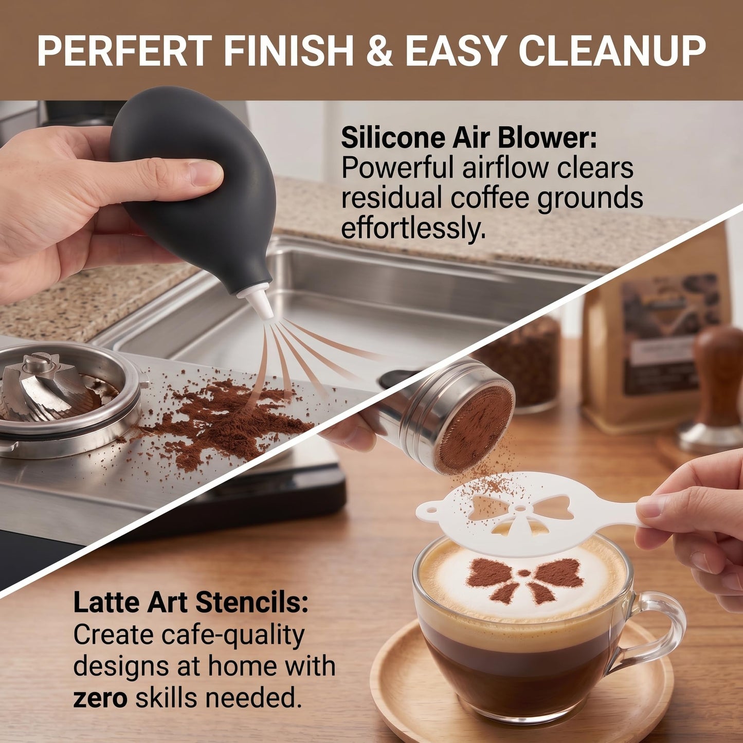 51mm Espresso Accessories Kit – 26PCS Tamping Station, Tamper, WDT Tool, Distributor, Dosing Funnel, Puck Screen, Air Duster, Stirrer, Stencils, Brush & Latte Art Pen