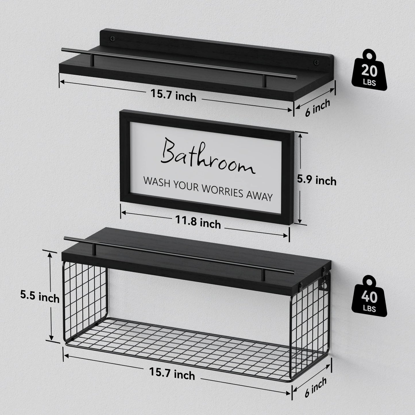 WOPITUES Floating Shelves for Wall Decor Sign, Bathroom Organizers and Storage, Bathroom Shelves Over Toilet with Metal Guardrail-Black