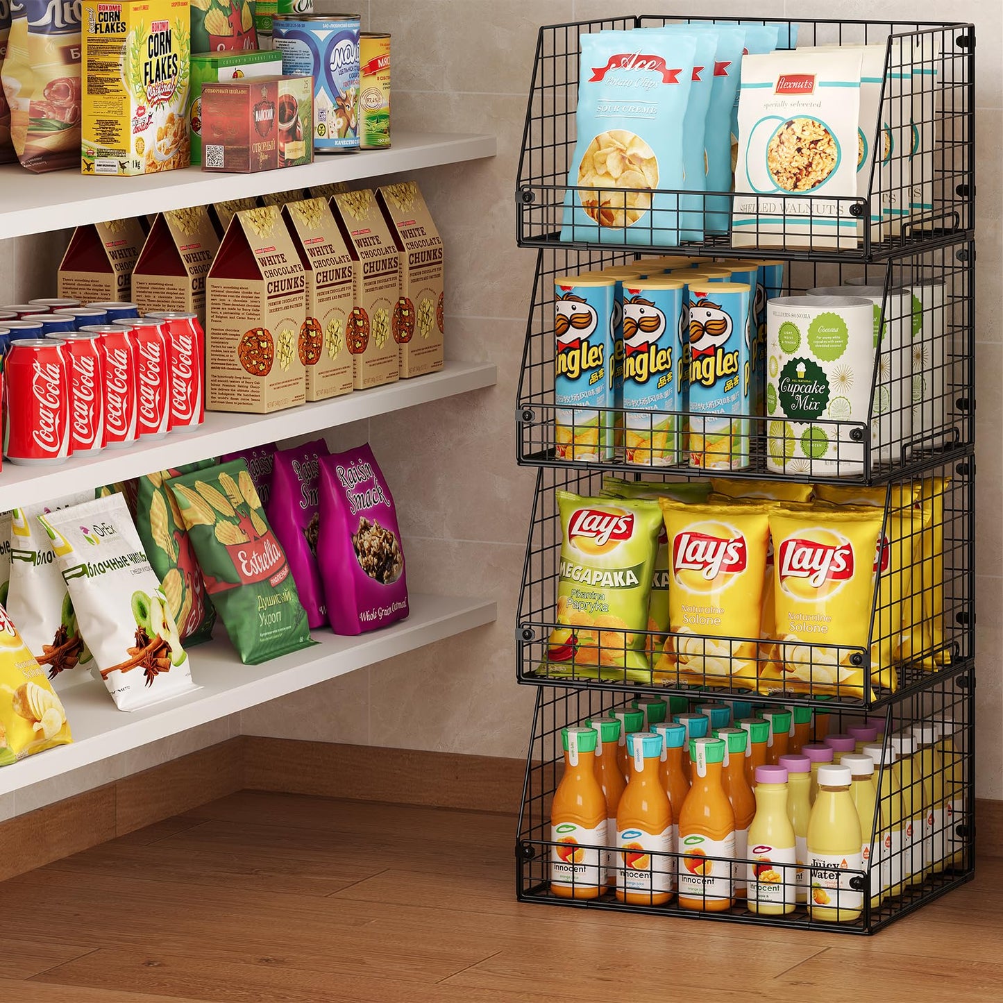 4 Pack XXL Stackable Wire Storage Basket, Extra Large Capacity Pantry Organizer and Storage, Muti-Purpose for Vegetable Fruit Basket & Can Organizer & Snack Rack & Metal Pantry Bin
