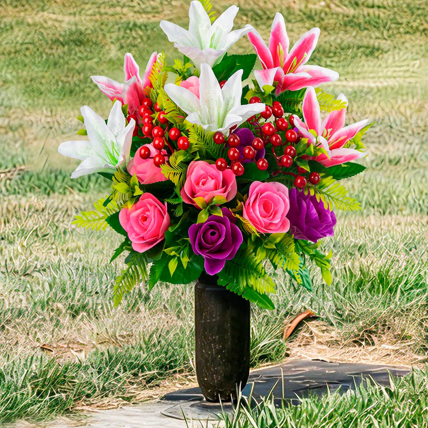 XONOR Artificial Cemetery Flowers with Vase, Set of 2 Artificial Rose Lily Bouquet Graveyard Memorial Flowers for Cemetery Headstones Decoration