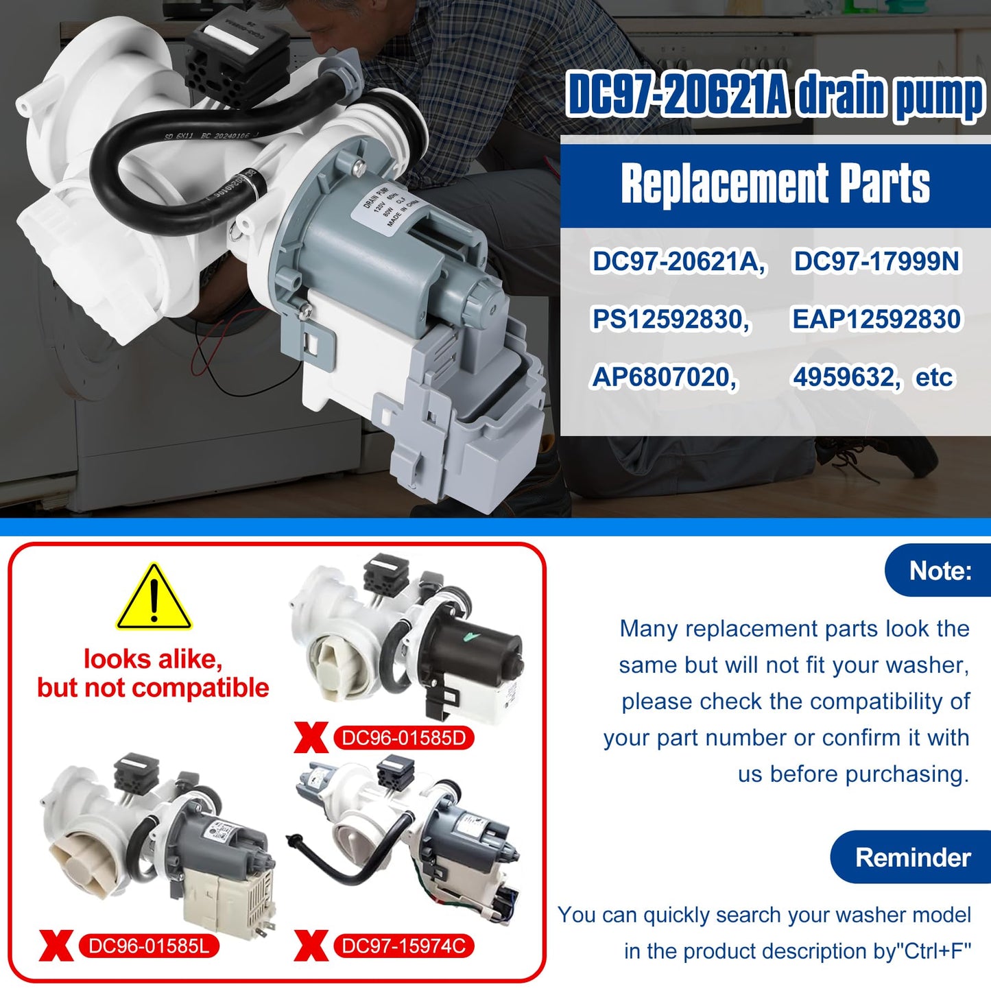 ITULCYO DC97-20621A Washer Drain Pump Assembly（OEM）Compatible with Samsung Washer Drain Pump Assembly Replace Number：DC97-17999N，DC31-00187A，AP6807020，PS12592830，EAP12592830，495963