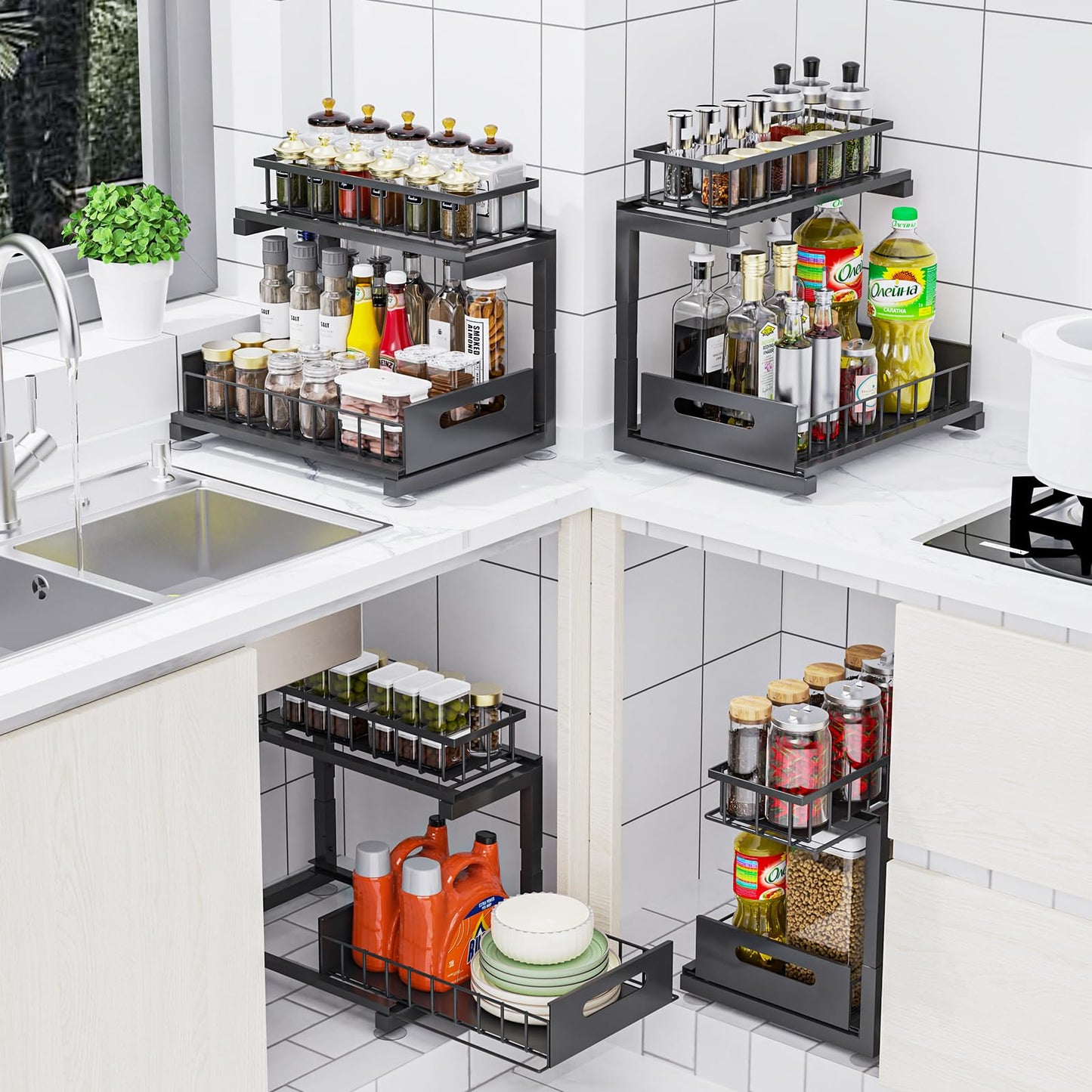 Toyear Under Sink Organizer, Heavy Duty Metal Pull Out Cabinet Organizer Slide Out Sink Shelf Organizer Height Adjustable, Multi-Purpose Storage Shelf for Kitchen Bathroom(Black,2Pack)