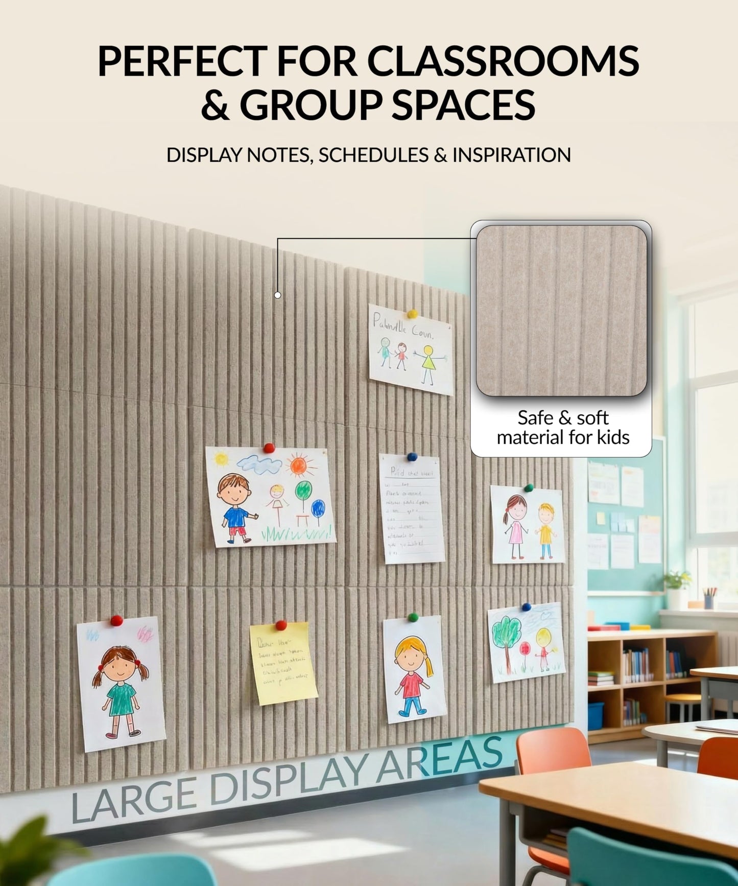 Large Cork Board Alternative 48" x 36" with Push PINS & Wall Safe Adhesive Tabs – Push pin Board for Walls in Home or Office, Felt Bulletin Board Tiles, Versatile Felt Board Layout, Beige
