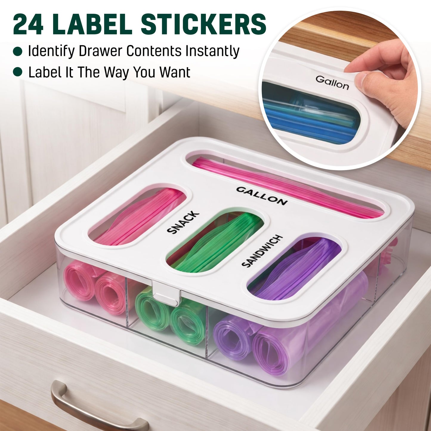 HIMUS Food Storage Bag Organizer - 4 in 1 Plastic Baggie Organizer for Drawer | Compatible with Sandwich, Snack, Gallon, Quart & Slider | Plastic Bag Organizers Kitchen Storage| Wall & Drawer Mount