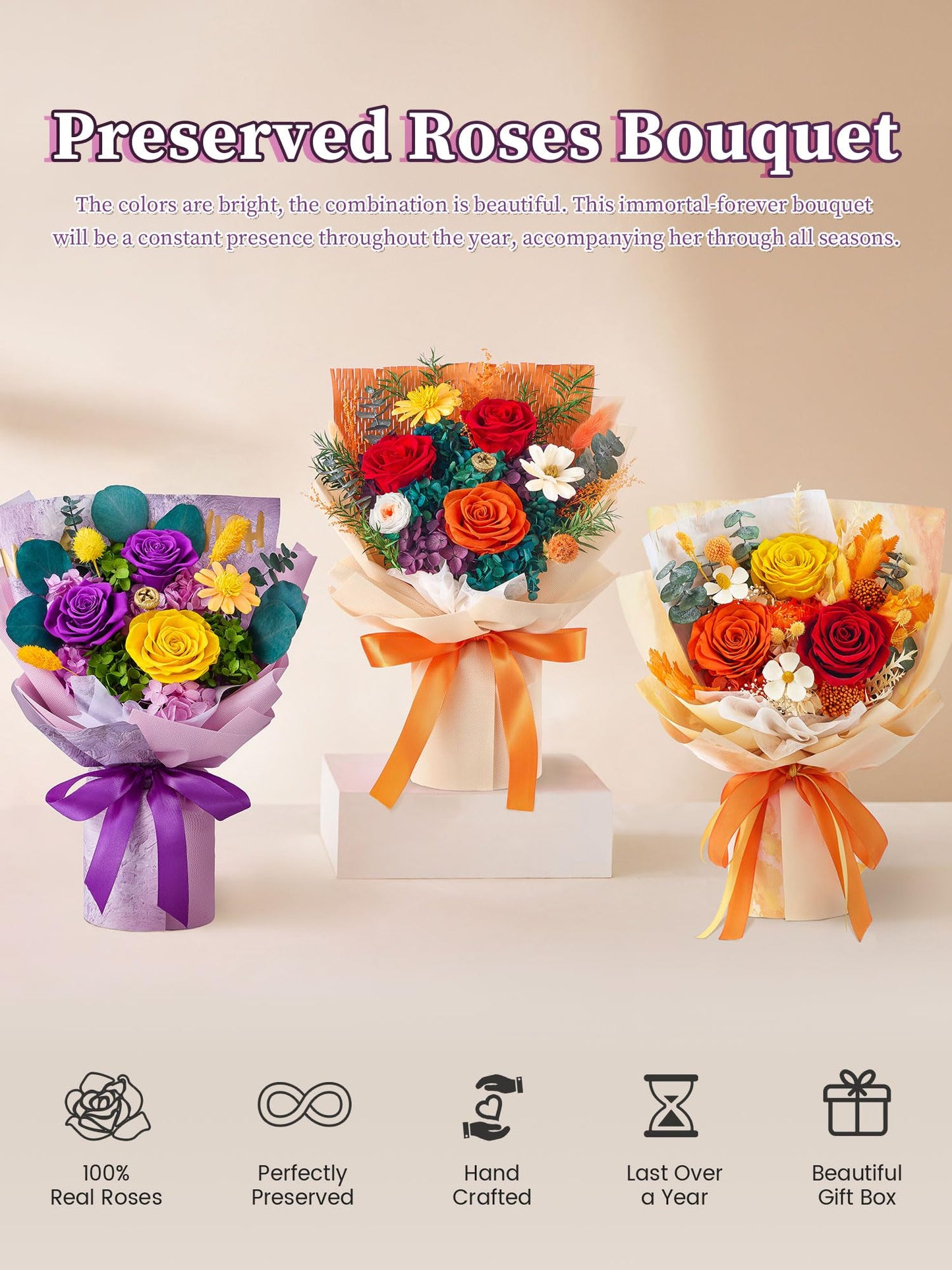 Beaulasting Roses Flowers for Delivery Prime Forever Flowers Preserved Roses Bouquets Purple Flower Birthday Gifts for Women Valentine's Day Mothers Day Graduation