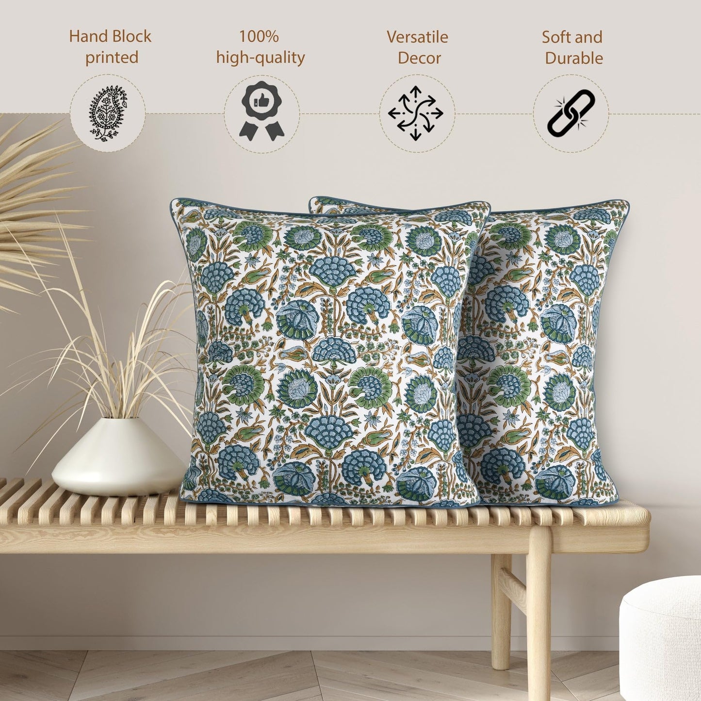 Ridhi Block Print Asparagus Green Pillow Cover 18" x 18" (Pack of 2) Decorative Couch Pillows for Living Room, Farmhouse Chic Boho Cute Outdoor Pillows Covers Gifts for Spring, Mother's Day