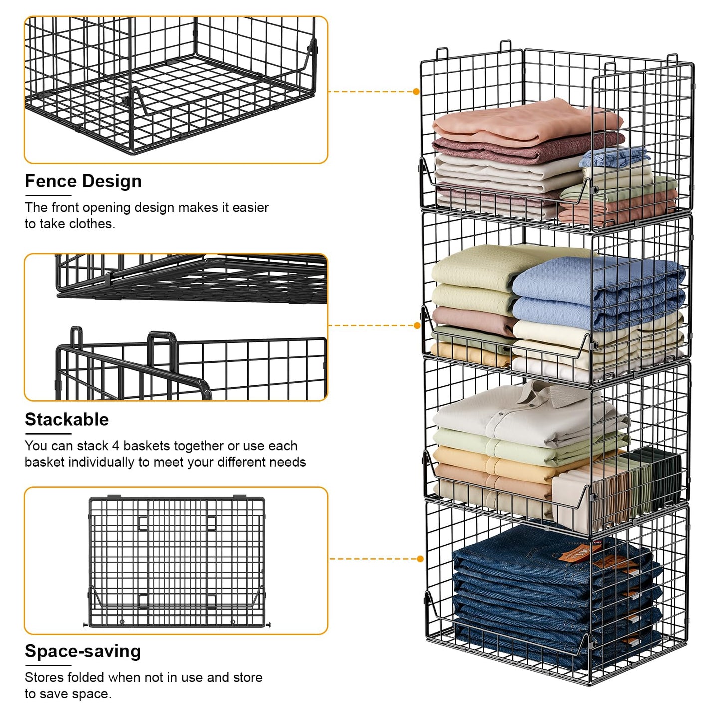 Jakyitvi 4-Tier Extra Height Stackable Closet Organizer – Foldable Storage Bins for Sweaters, Jeans, and Clothes – Sturdy Iron Mesh Shelves for Neat and Efficient Closet Storage – Black