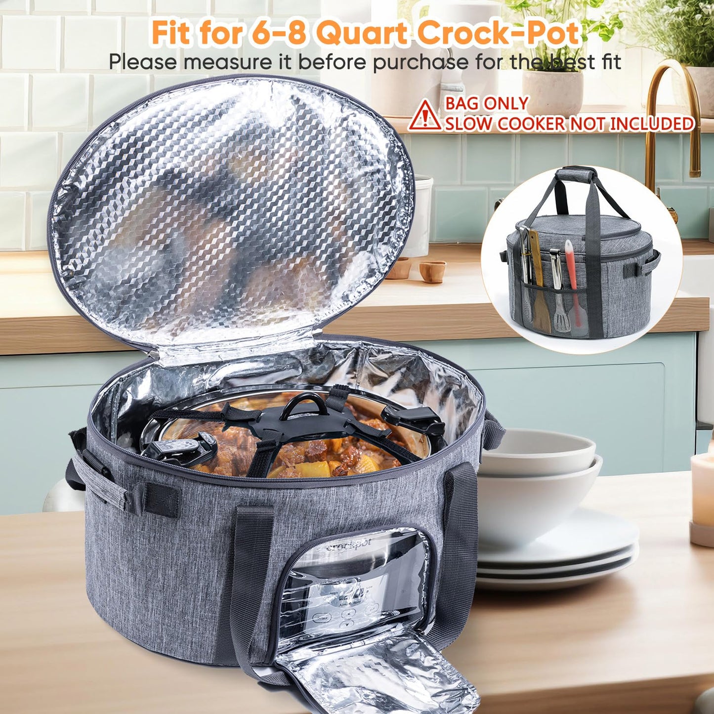 Double-Layer Slow Cooker Carrying Bag for 6-8 Quart CrockPot and Hamlton Beach Slowcooker, Travel Bag with Lid Fastener for Crock-pot, Portable Carrier with See-throught Window(BAG ONLY)