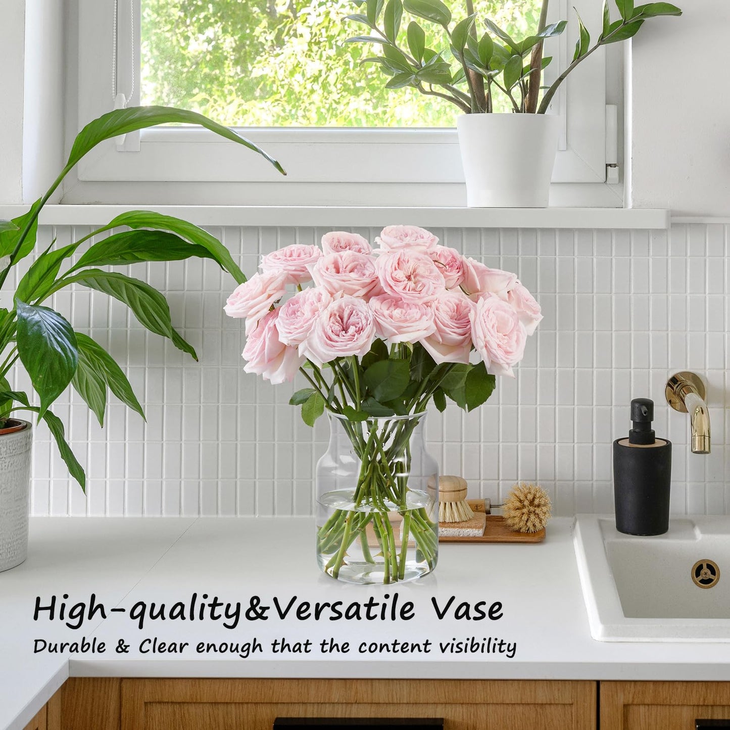 BWODYAY Clear Glass Vase, Large Flower Vase, 8-inch Glass Flower Vase for Plants, Wide Mouth Vase for Home, Wedding, Living Room, Dining Table