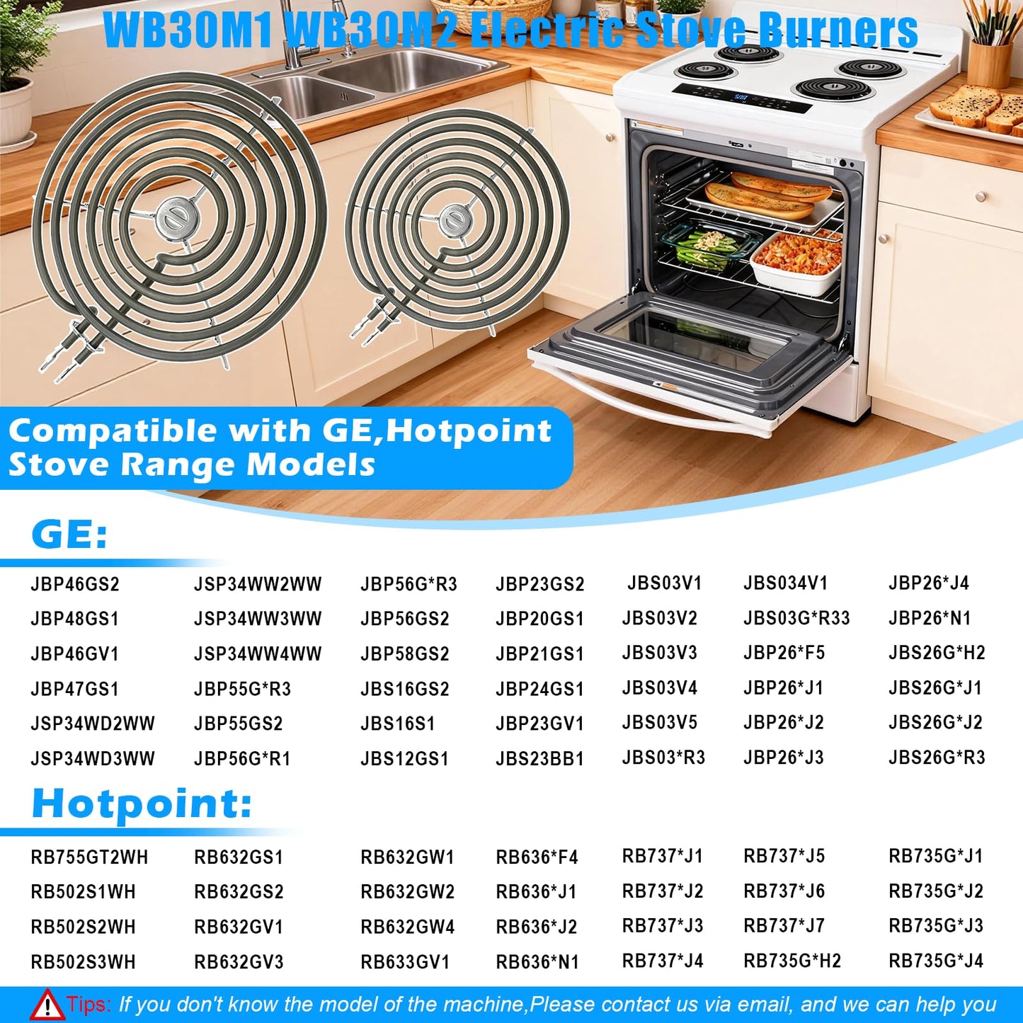 UPGRADED WB30M1 WB30M2 Electric Stove Burners Compatible with GE Hotpoint Stove Coil Element,Electric Range Burner Stove Coil for GE Stove Burner Replacement Parts Stove Top Element Burner (4 Pack)