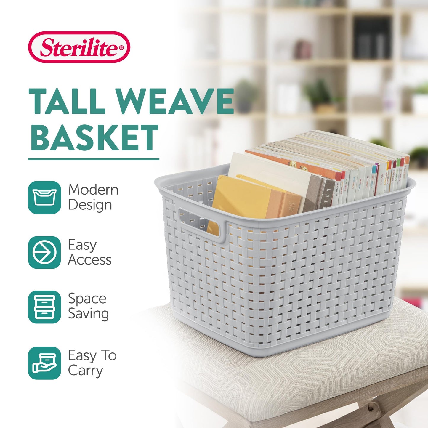 Sterilite 6-Pack Tall Weave Basket, Woven Plastic Storage Baskets for Organization, Cement Gray - Organizing Bin Containers with Handles for Bedroom, Bathroom, Dorm, Laundry Room, and Closet