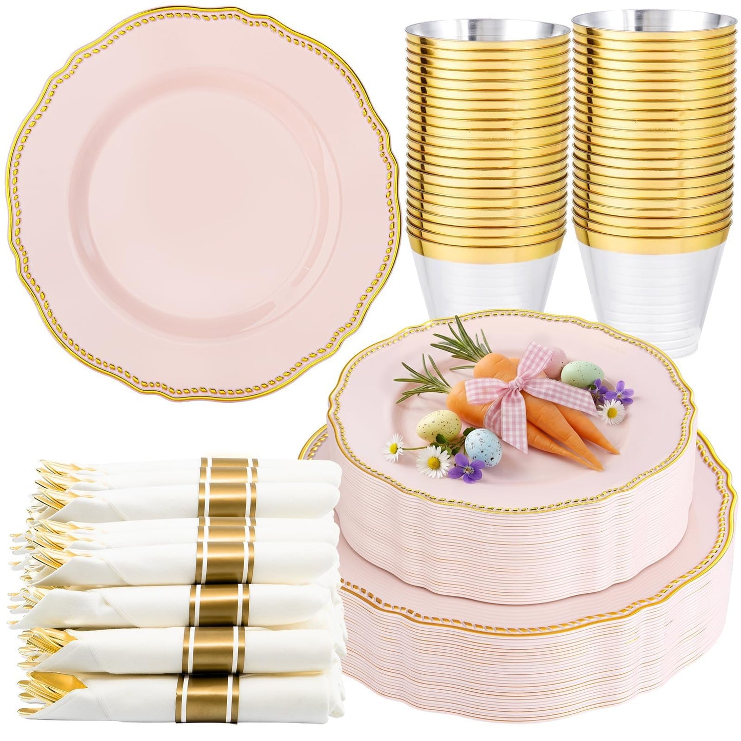 Hioasis 175pcs Pink and Gold Plastic Plates - Pink Plastic Dinnerware Set Includes 25 Dinner Plates, 25 Dessert Dinnerware, 25 Cups, 25 Napkins Perfect for Wedding & Easter