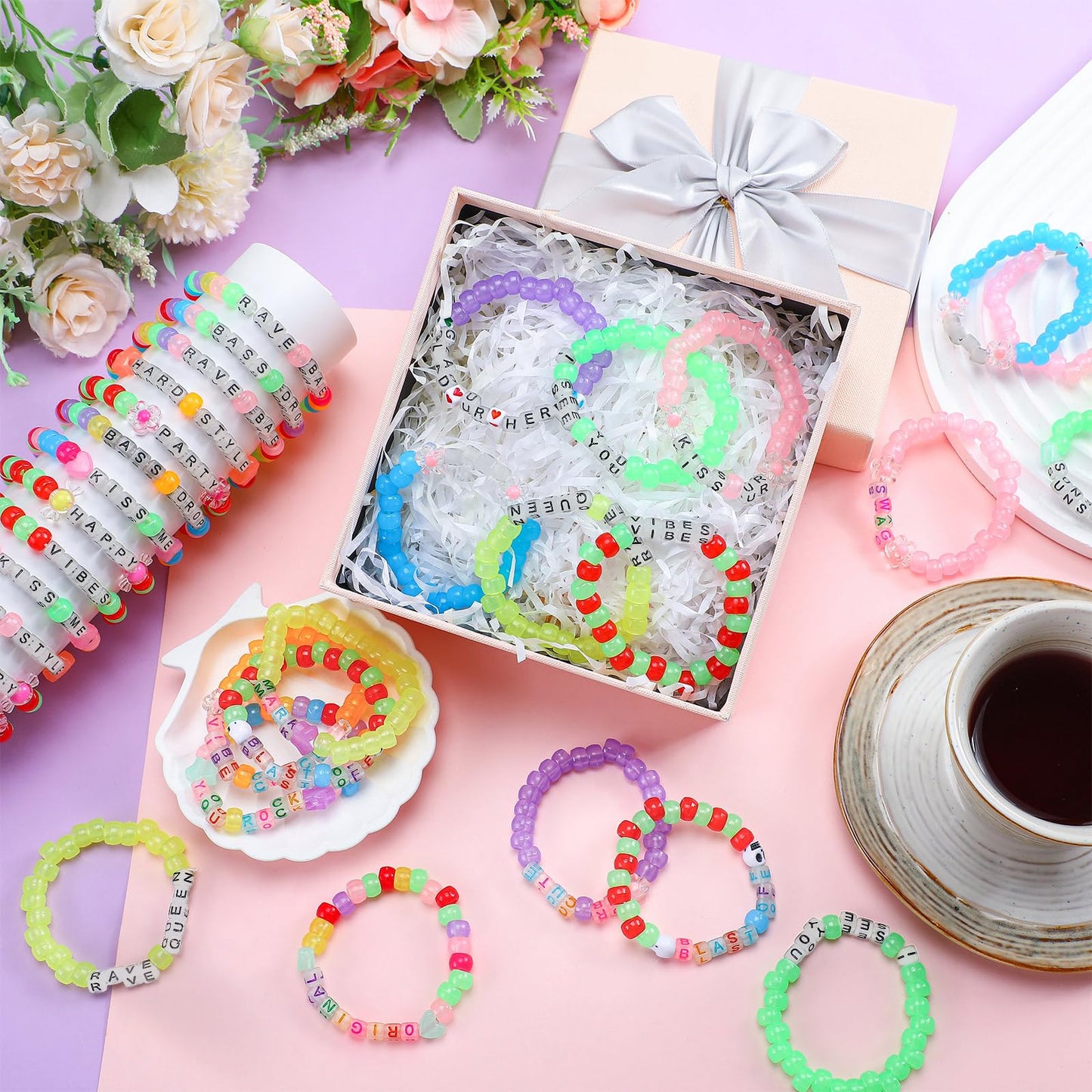 Equsion 48 Pcs Music Party Supply Rave Kandi Bracelets Glow in the Dark Wear and Trade Handmade Party Rave Bracelets Alphabet Plus Music Festival Accessories Every Time for Women Men(Vibrant)