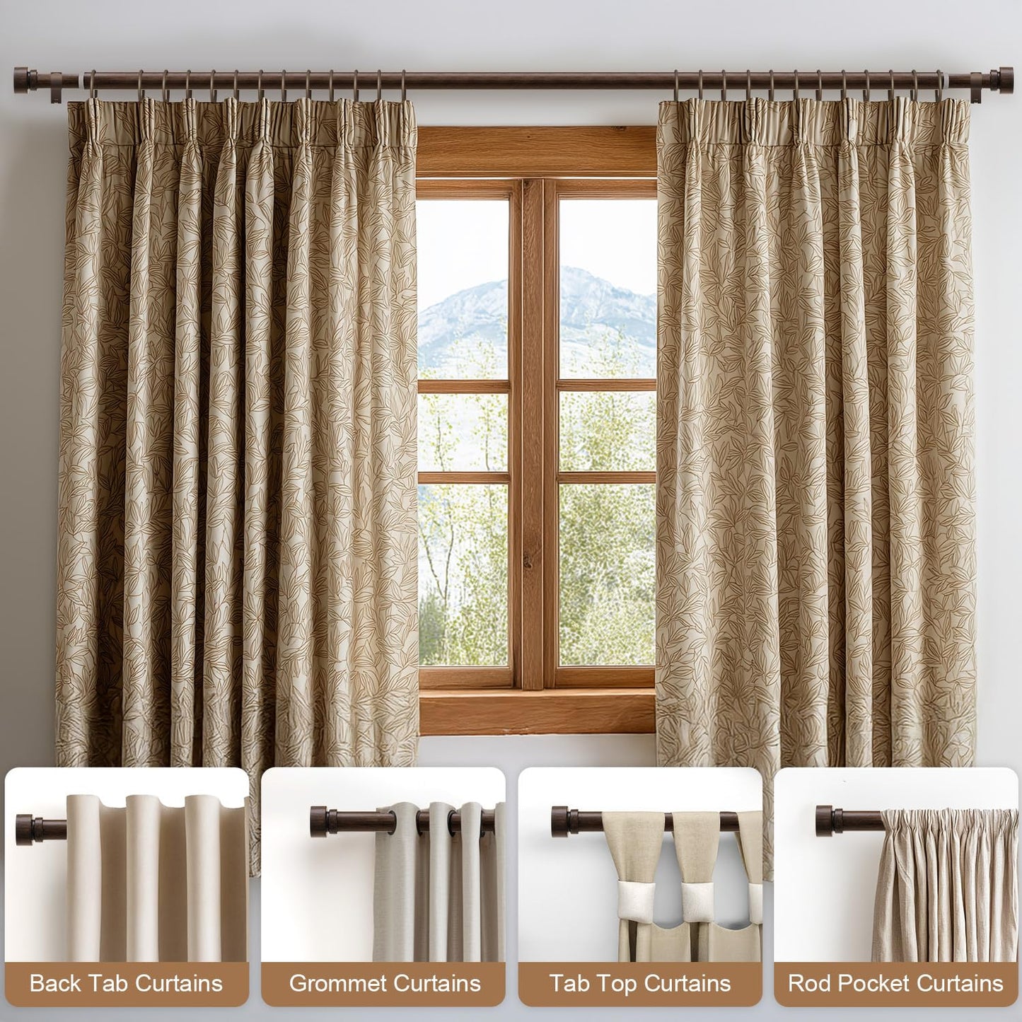 Lootkell 2 Pack Deep Walnut Wood Curtain Rods for Windows 48 to 84 1" Diameter Heavy Duty Window Rod Adjustable with Handmade Wood Grain Design for Living Room Bedroom Kitchen Farmhouse Outdoor