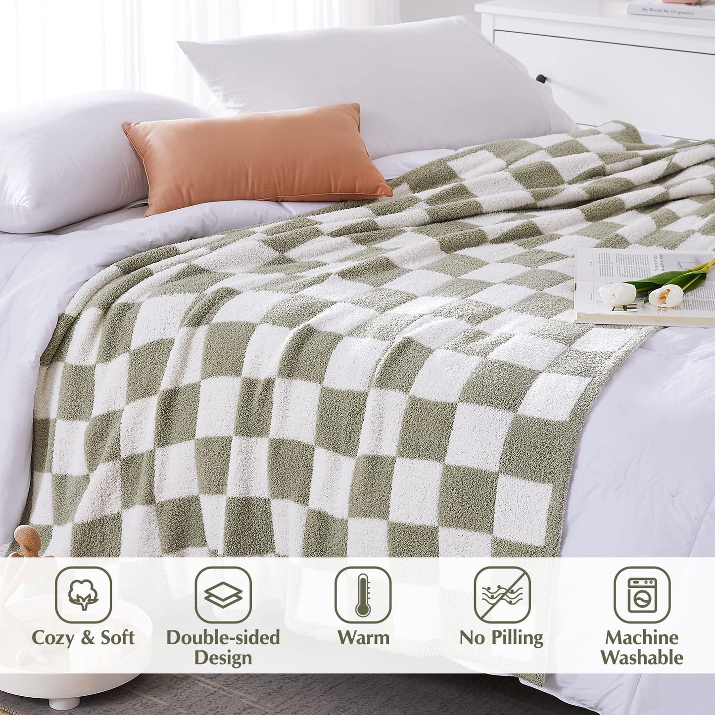 WRENSONGE Checkered Throw Blanket, Sage Green Soft Cozy Fluffy Warm Hand Made Throw Blankets for Couch, Sofa, Chair, Bed, Camping, Picnic, Travel Lightweight Bed Blanket - 60"*80"