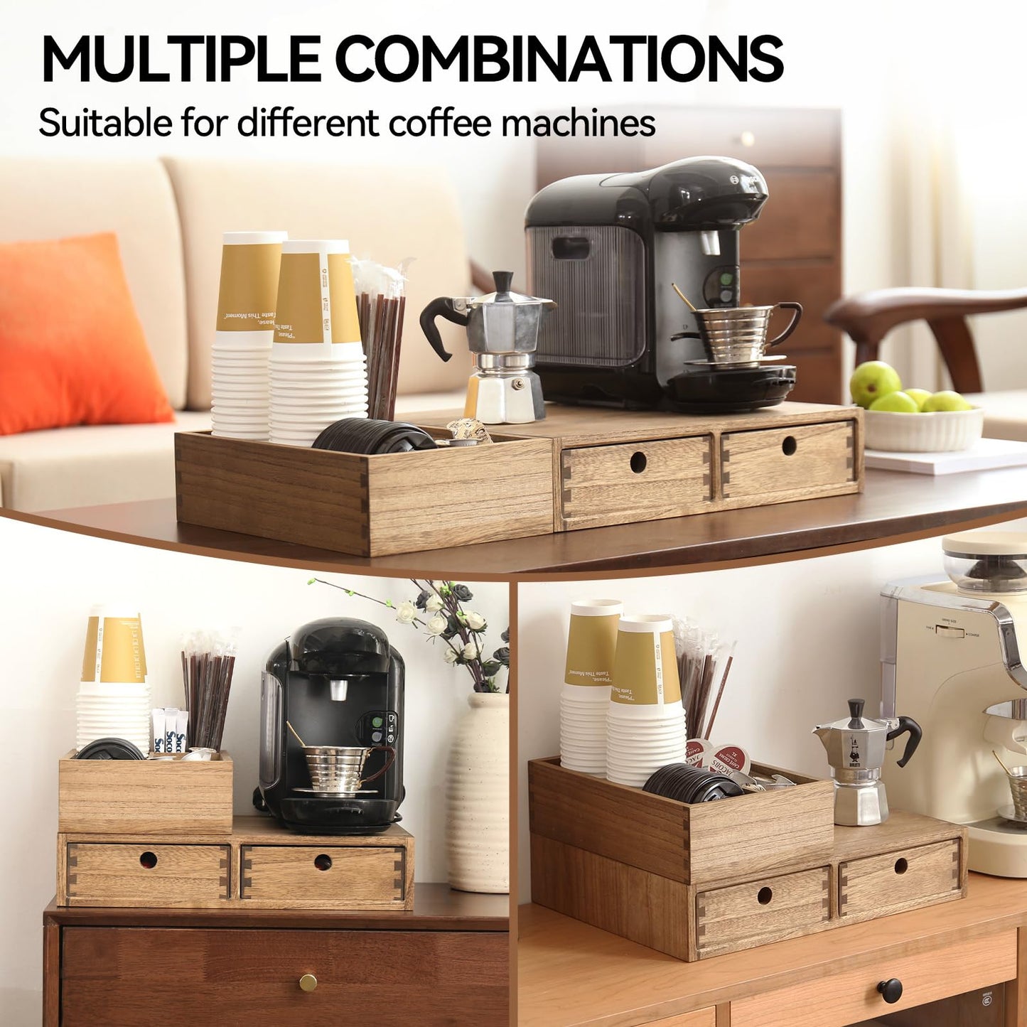 KIRIGEN Wooden Coffee Station Organizer 2-Piece Set - Coffee Bar Storage with Drawers for Sugar, Tea - Coffee Pod Holder and Accessories Organizer for Kitchen Counter Brown KFJTZ-DBR