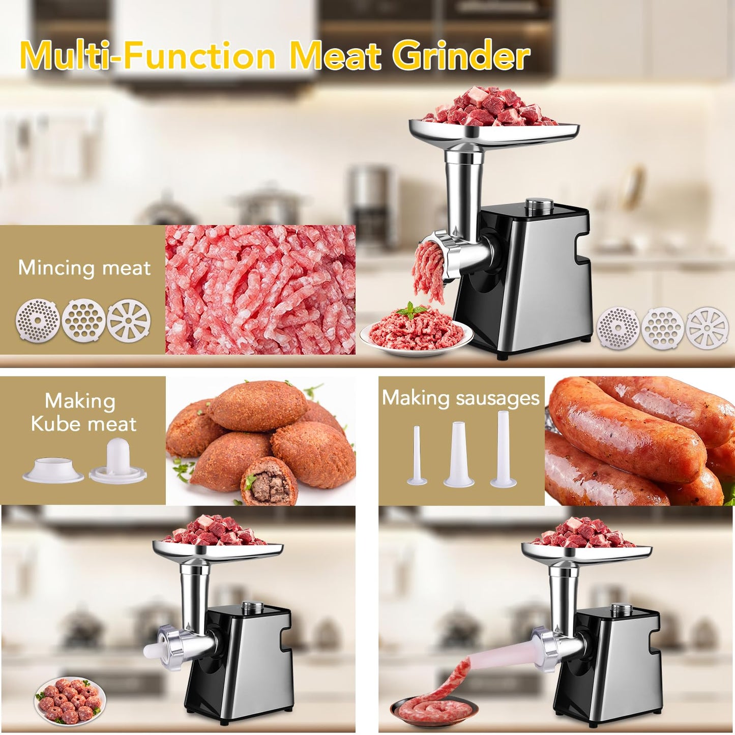 Electric Meat Grinder- 350W Motor with Sausage Stuffer & Meatballs Making, Food Grinder with Stainless Steel Blade & 3 Plates, Heavy Duty Meat Mincer for Home Kitchen & Restaurant