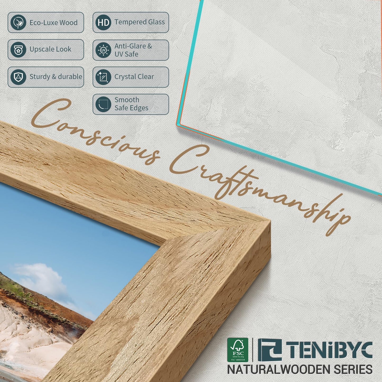 TENIBYC 8.5 by 11 Picture Frame Wood Set - 4 Pack, Natural Wood, HD Tempered Glass, Elegant Wood Grain Photo Frame, Table or Wall Display