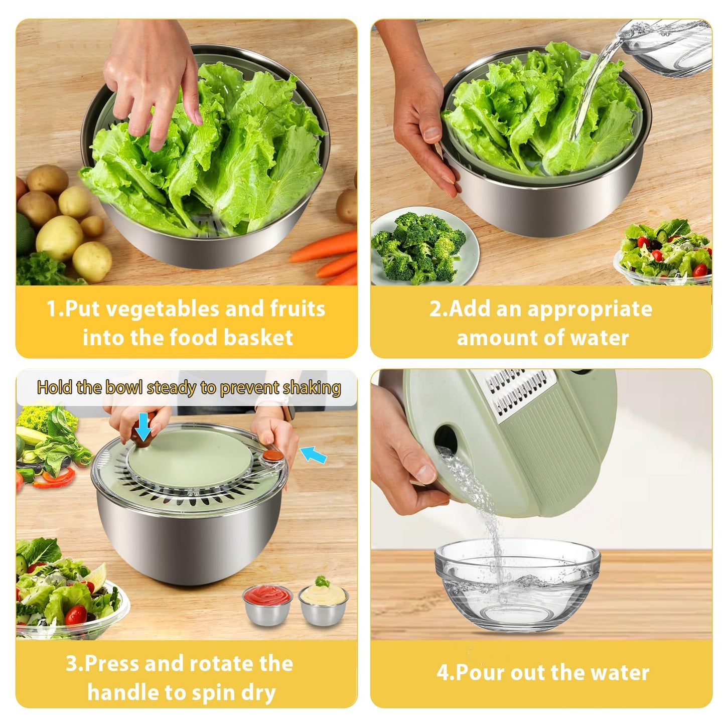 SODPE Stainless Steel Salad Spinner Large with 5 Blades Slicer, Lettuce Washer Spinner and Dryer, Vegetable Fruits Chopper Bowl, Egg Yolk Strainer Comes with Dipping Saucers and Clip, 5.3Qt