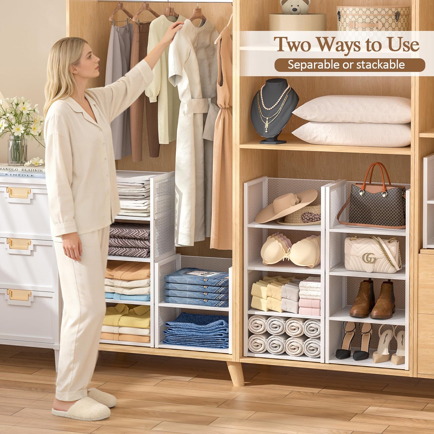 4-Tier Stackable Closet Organizers and Storage Basket, Wire Clothes Shelf Organizer Bins, Sweater Storage for Wardrobe Cupboard, Multifunctional Cube Storage Box for Kitchen Bath Laundry Room, White