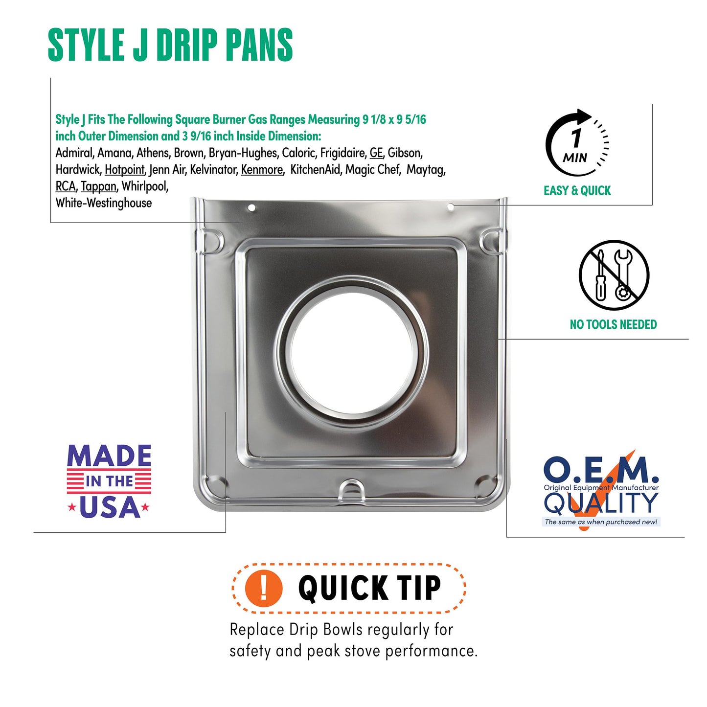 4 Pack - Style J - 9.125" x 9.3125" Square Heavy Duty Chrome Drip Pan -