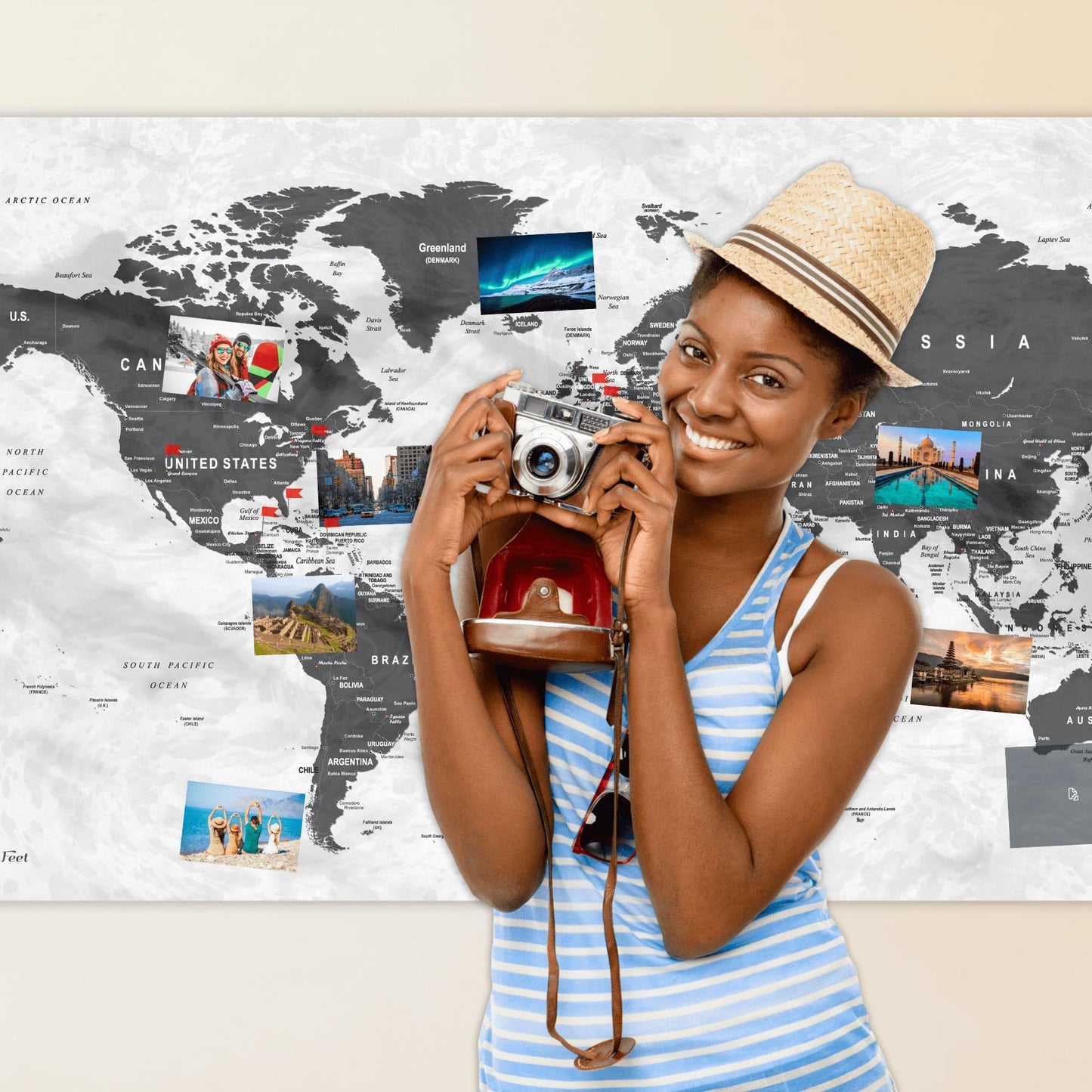 World Map XXL 51 x 28 inches in 'Error Blue', Fleece Wall Hanging as Travel Pin Board in Modern Wall Art Design, 20 Flag Push Pins Included
