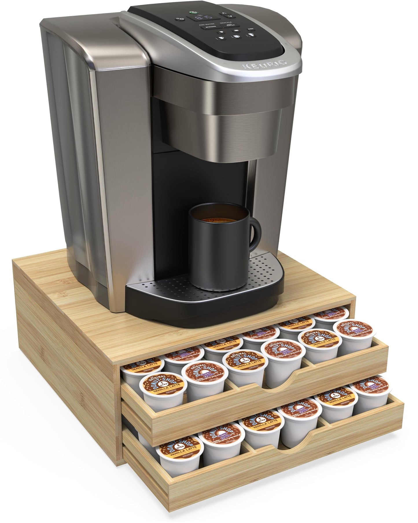 WELL WENG Bamboo Coffee Pod Drawer Organizer Compatible with K-Cups, Under Cabinet Coffee Station Storage Rack, Natural Wood Capsule Holder for 72 Pods, Countertop Coffee Machine Stand