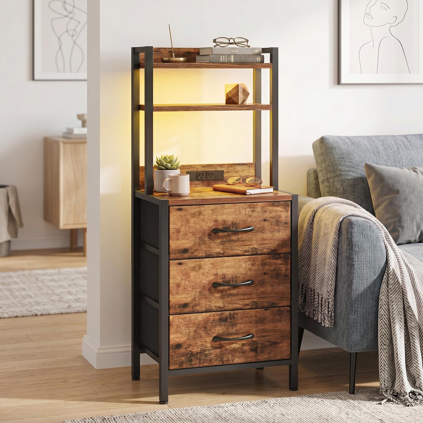 Fixwal 41 Inch Tall Nightstand with Charging Station, Led Night Stand with U-S-B Port & Socket, 3 PU Finished Fabric Storage Drawers, Office, Bedside Table & Bookshelf in One, Rustic Brown