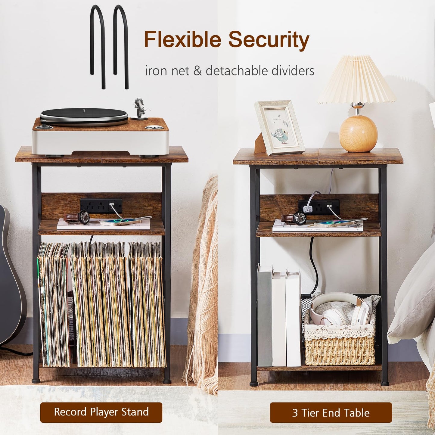 AMHANCIBLE Record Player Stand with Charging Station, Large Turntable Stand with Storage Cabinet, 3 Tier End Table Hold Up to 100 Albums, Record Stand for Vinyl, Living Room, Brown, HETCD012BR-1