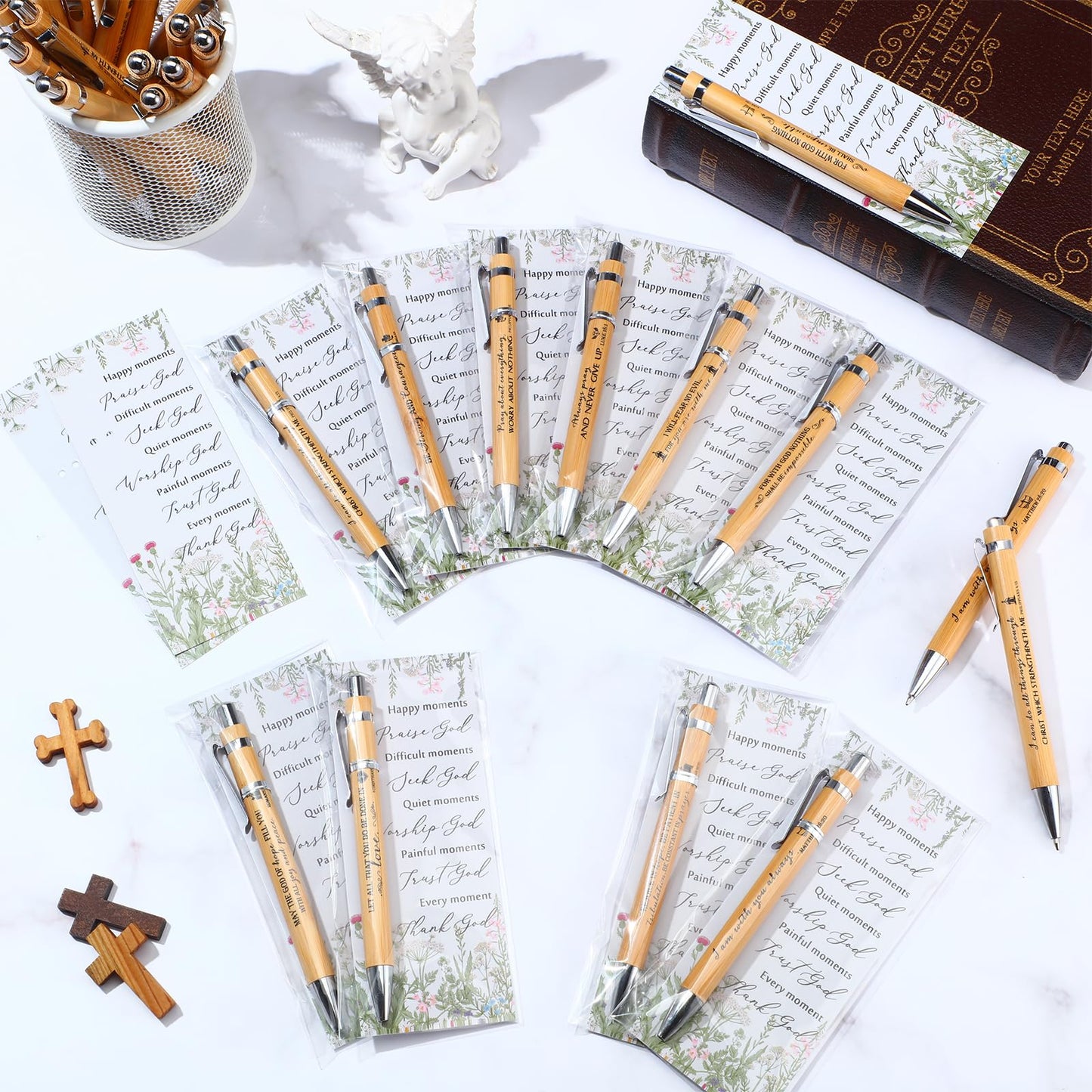 100 Set Christian Religious Gifts Bulk Include Bible Verse Pens and Inspirational Bookmarks Scripture Quote Bible Study Group Church Gifts for Christian Graduation Father's Day Pastor (Bamboo)