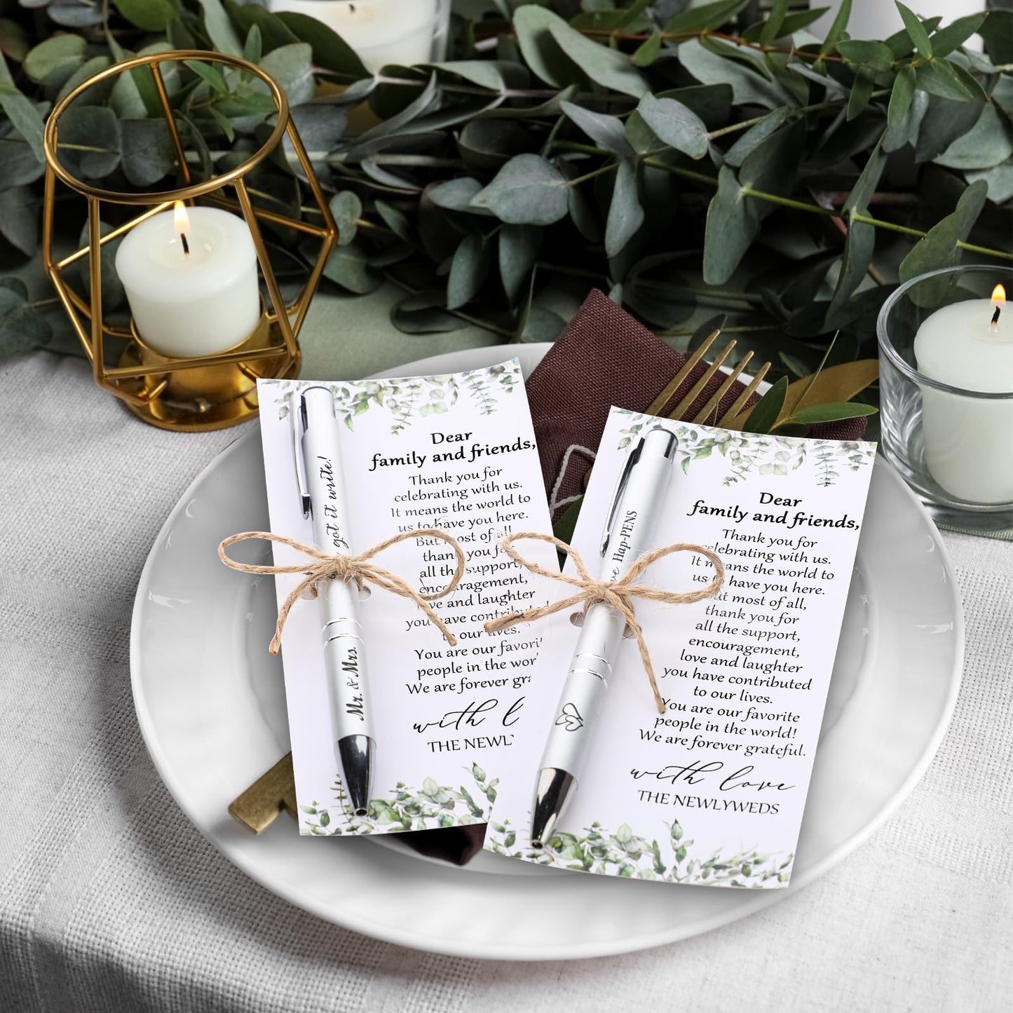 Humyoun 50 Sets Wedding Favors for Guests Includes 50 Black Ink Retractable Ballpoint Pen 50 Thank You Cards 50 Organza Bag with Hemp Rope Bridal Shower Favors Bridal Shower Gifts for Party Supplies