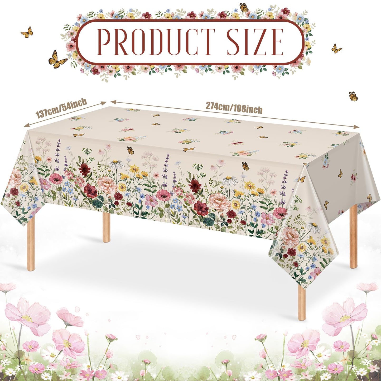 12 Pcs Spring Floral Tablecloth, Butterfly Wildflower Plastic Disposable Tablecloth Rectangle Table Covers for Easter, Birthday, Wedding, Mothers Day Tea Party Supplies and Decorations,54 x 108 Inch