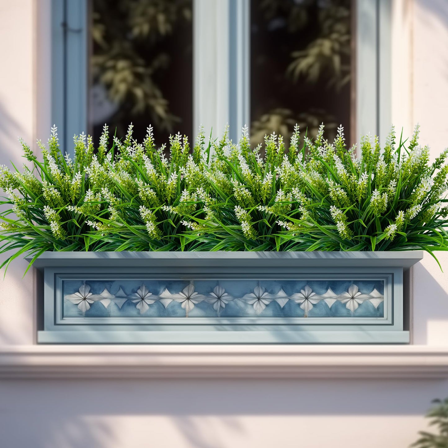 Nigirior Artificial Flowers for Outdoor Plants 24 Bundles Fake Lavender Plastic Faux Monkey Grass for Verandah Window Garden Office Patio Front Porch UV Resistant for Planter(White)