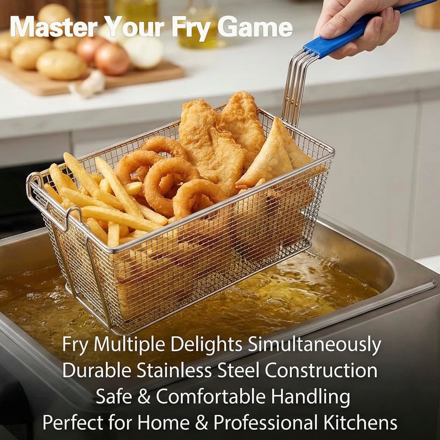 MAHOOMMAKH 2Pcs Deep Fry Basket - 13.2"x 6.5"x 5.9" Stainless Steel Fry Baskets with Handle for Commercial Restaurant Kitchen for Deep Fryer