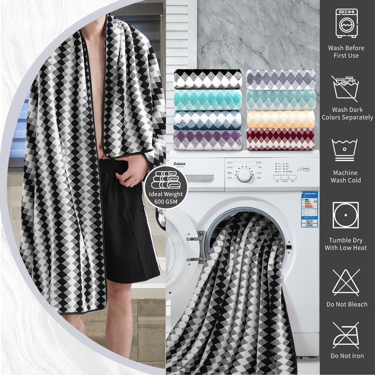 8 Piece Bathroom Towel Set Black White|2 Oversized Large Bath Towels Sheet,2 Hand Towels,4 Washcloths| 600GSM Soft Towel Set for Bathroom Hotel,Highly Absorbent Quick Dry Bath Towel Collections