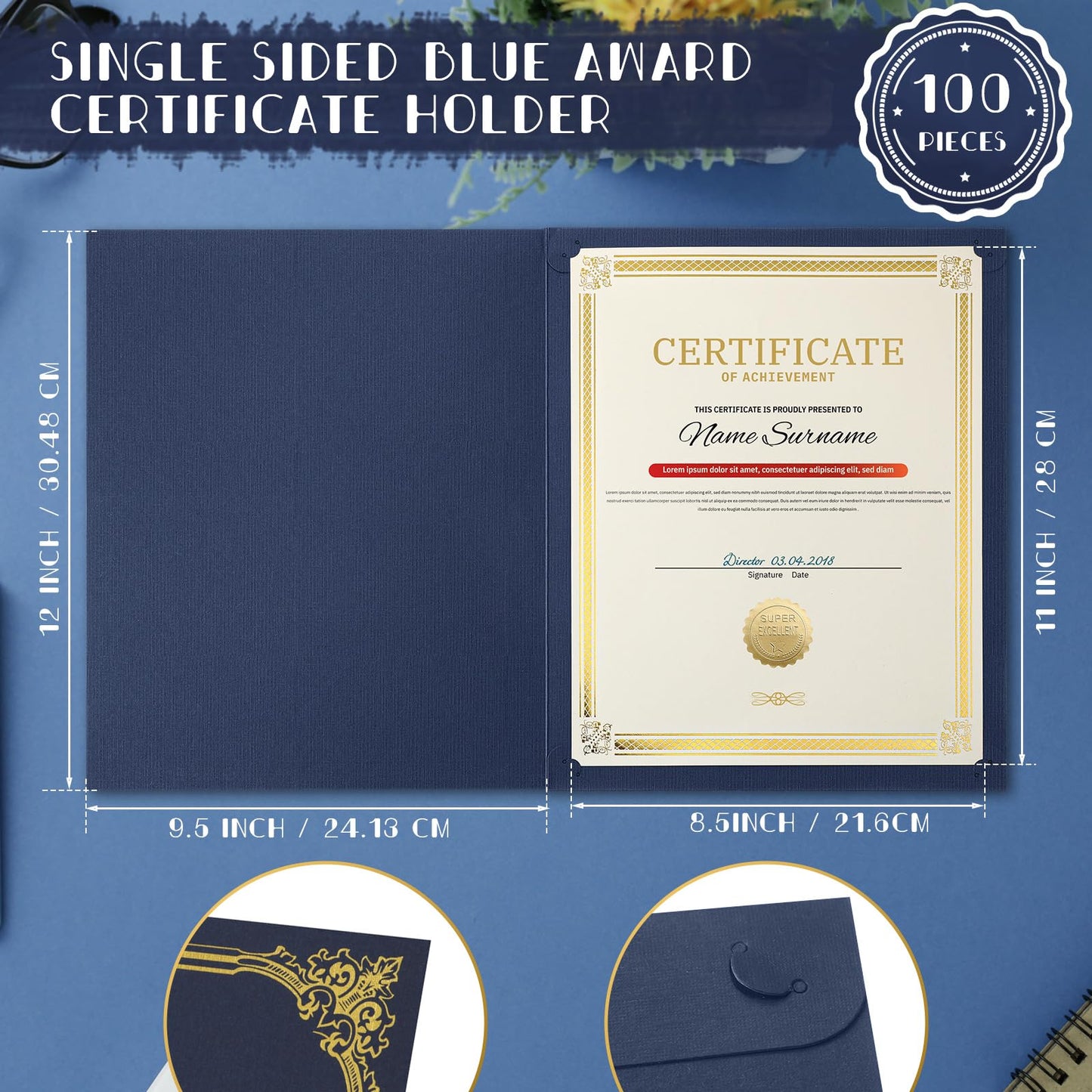 Kosiz 100 Pcs Certificate Holders Diploma Covers Document Holder Gold Foil Border for Letter Size 8.5 x 11 Inch Award Certificate Document Papers(Navy Blue)
