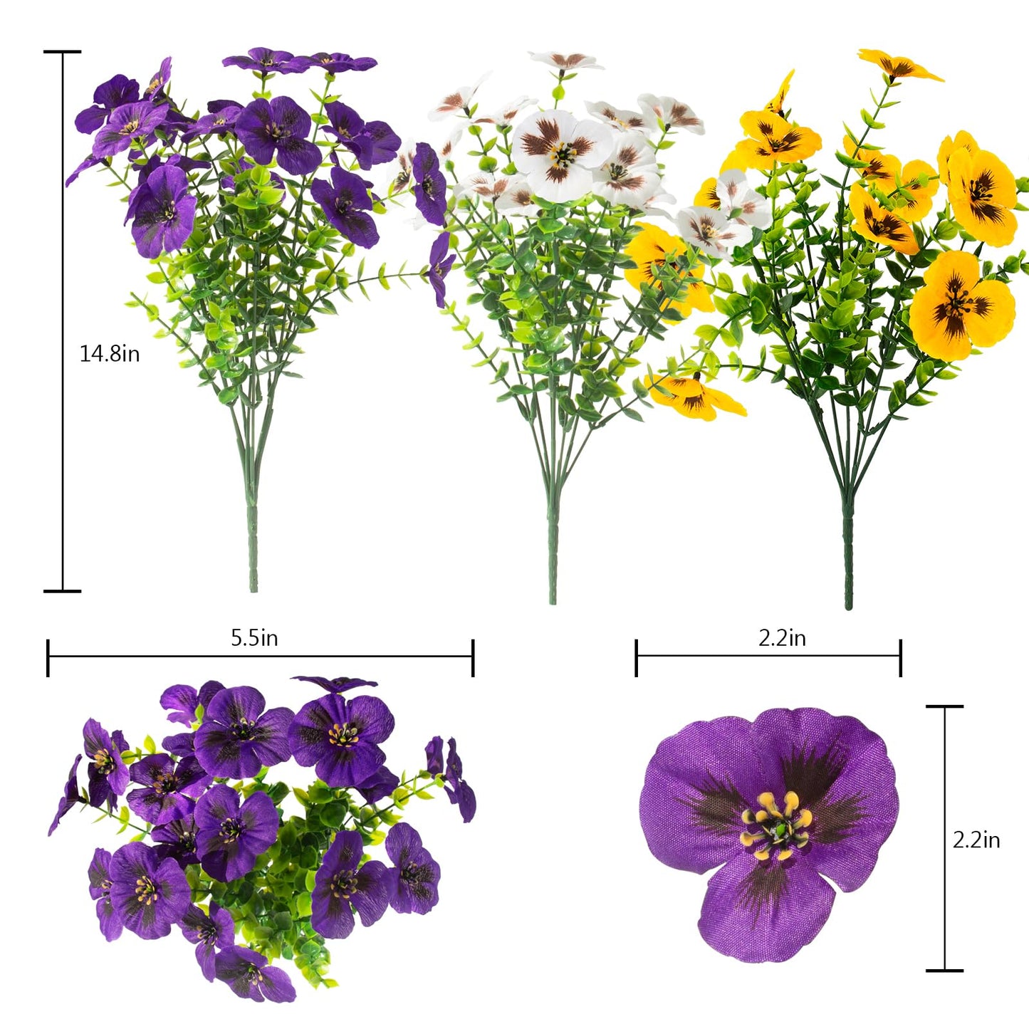 lovemoon 2 Sets Artificial Hanging Pansy Flowers with Baskets, 24 Pcs UV Resistant Faux Silk Pansy Outdoor Hanging Flower for Porch Patio Garden Home Spring Decor (2, White,Yellow,Purple)