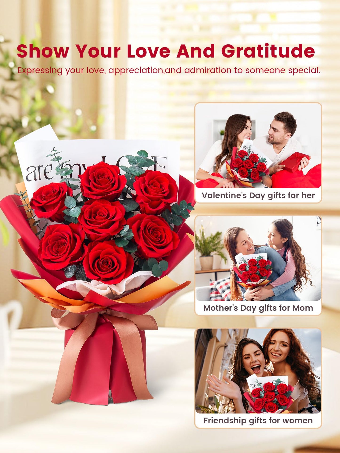 Mosstory Roses Bouquet 7-Piece Forever Flowers Bouquet Gift for Her Women Wife Mothers Anniversary Birthday Wedding (Red Roses)