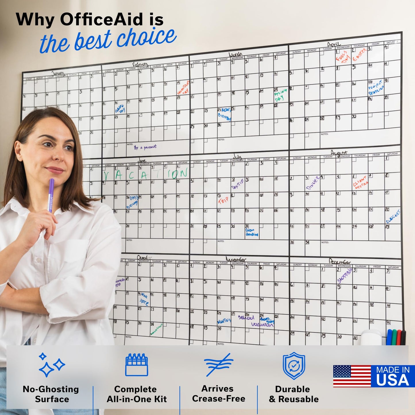 Yearly Large Dry Erase Calendar for Wall 36x48, 12 Office Annual, Erasable Month, Rolled Whiteboard White Board, Year Calendar Planner Giant Family for Dry Undated Classroom Erase Wall Reusable