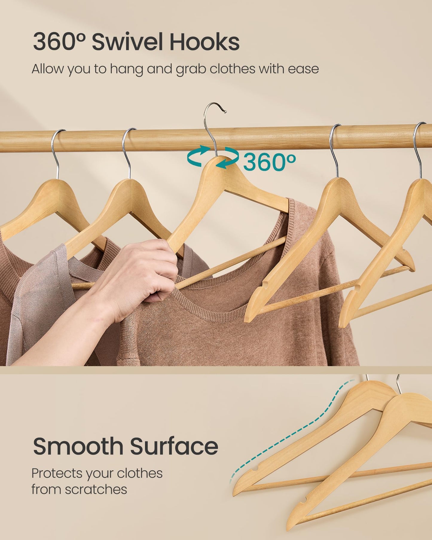 SONGMICS Wooden Hangers, Pack of 30, Coat Hangers, Pants Bar, 360° Swivel Hooks, Solid Birch Wood, Space Saving, for Jackets, Shirts, Coats, Natural Beige UCRW030K01